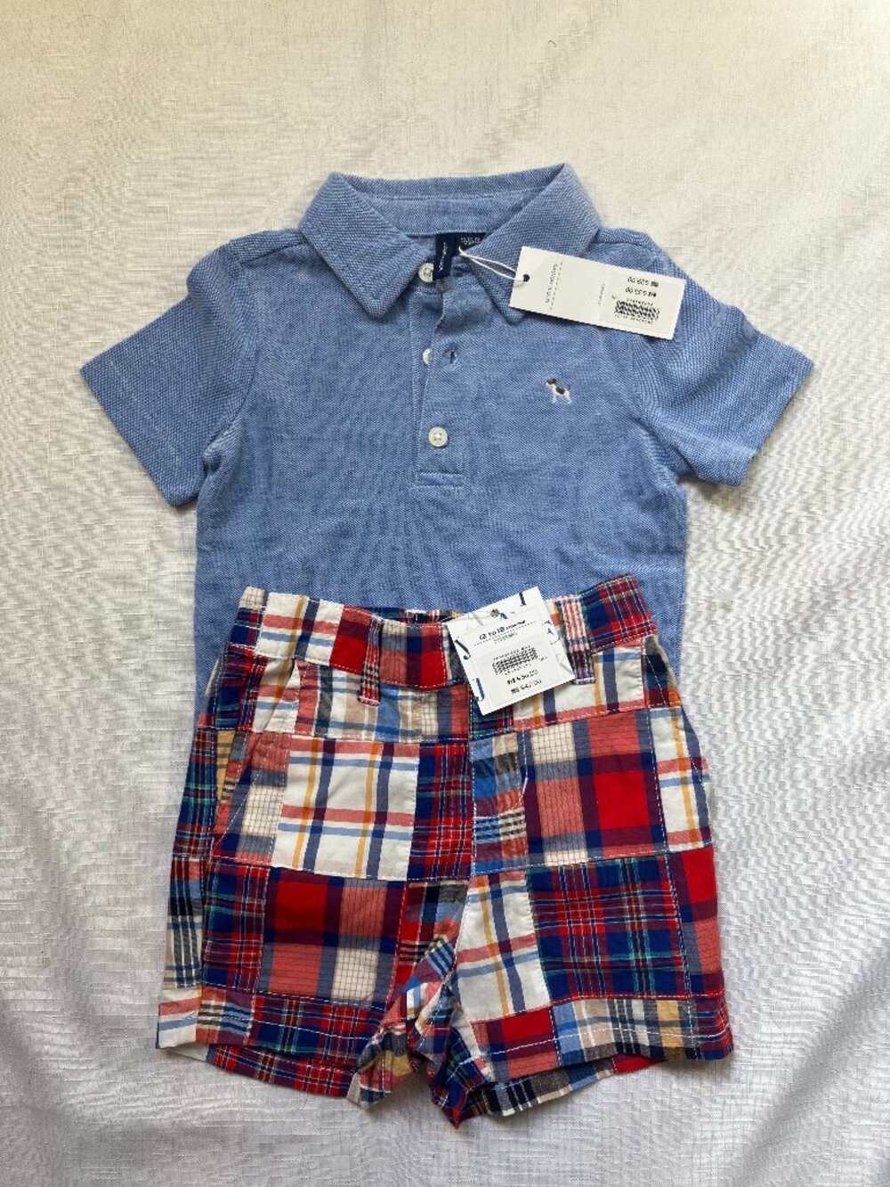 NWT Janie & Jack Set, Polo & Plaid Shorts, Size 12-18 Months, MSRP $71